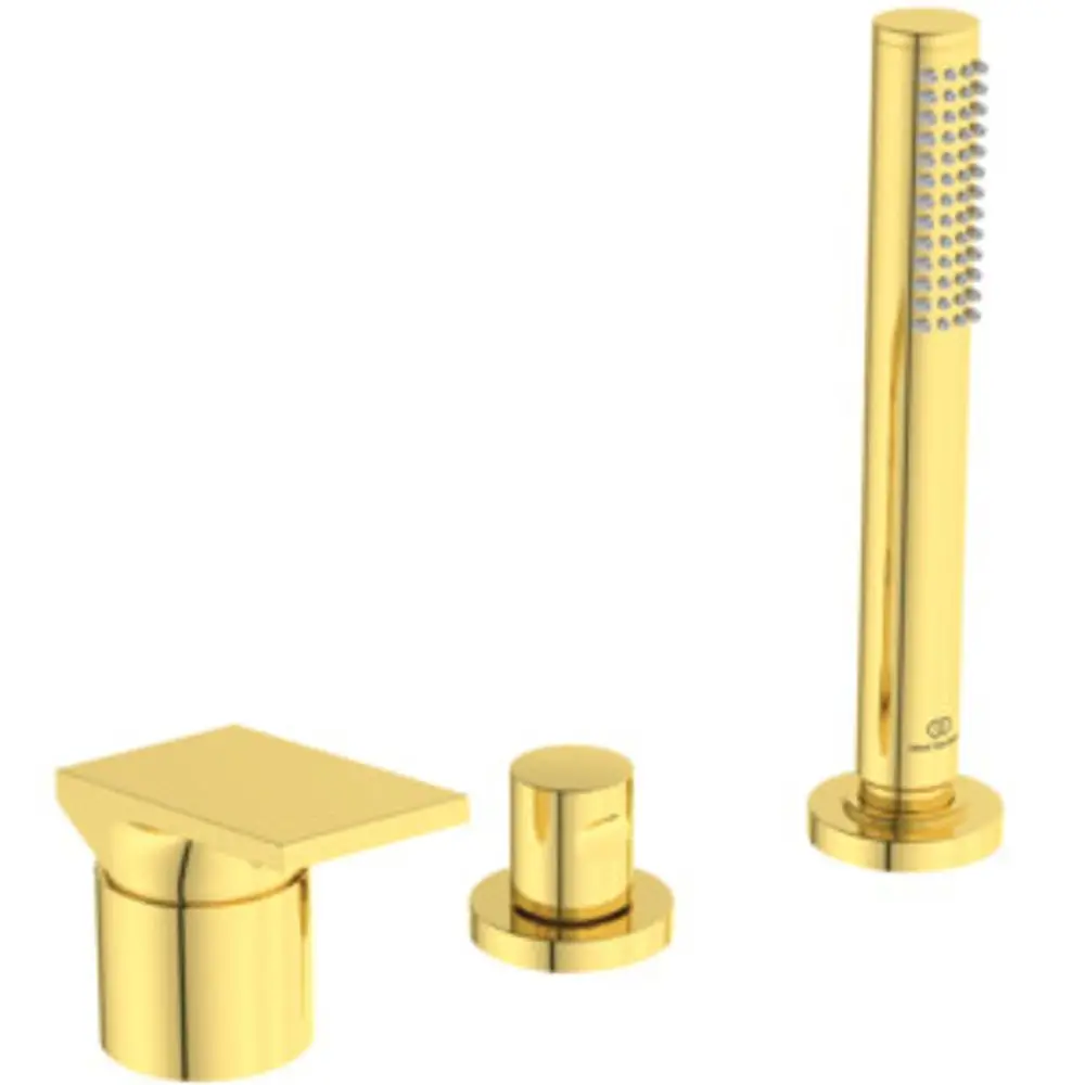 Goldene Armatur bestehend aus drei Teilen, einschließlich eines langen Rohres und zwei Stellventilen, designed von Ideal Standard.